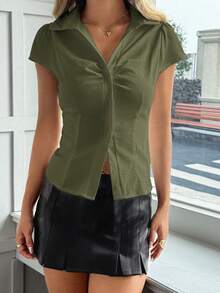 Y2K Preppy Style Women's Shirt, With Collar, Front Button, And Tie Back Design, Fitted Cute Short Sleeve Top, Suitable For Graduation Season, Street Style And Dates Summer - Army Green - View 9