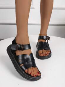 Teenagers' Fashion Flat Stitched Soft Bottom Comfortable Sandals - Black - View 3