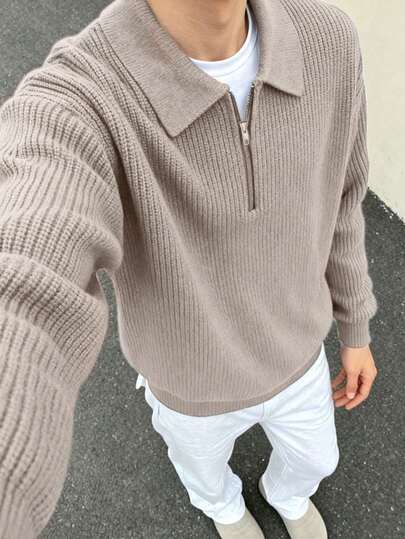 1pc Men & Teenage Boys' Solid Klein Blue Minimalist Casual Versatile Commuter Sweater, Autumn/Winter
