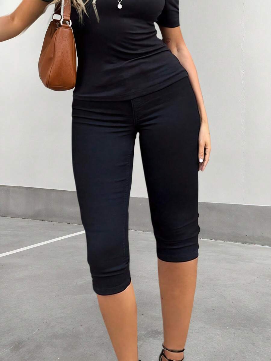 Yuwenier 街头风弹力高腰修身七分裤，拉链斜插口袋，黑色 - 黑色 - 查看 1