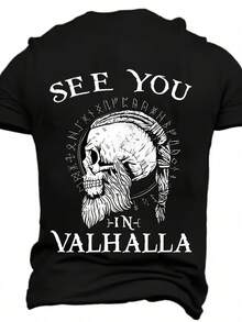 Men's Viking Skull And Valhalla Graphic T-Shirt - Norse Mythology Back Print Tee, Breathable Polyester Gym, Motorcycling, Casual Street Wear - Machine Washable Viking Clothing For Men, Gym Wear, Bold Design, Durable Material, Short Sleeve T-Shirt, Fitness Enthusiasts, Men's T-Shirt(S) - 黑色 - 查看 2