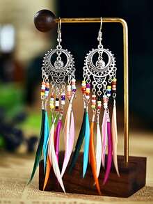 Vintage Hollow Out Long Feather Earrings, Colorful Beaded Tassel Earrings - Natural Feathers - View 9