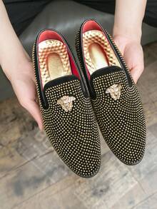 2025 New Loafer For Men Full Diamond Studs, Light Luxury Slip-On Metal Logo, Black Fashionable Banquet Business Casual Leather Shoes - 金色 - 查看 2