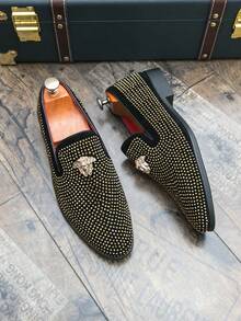 2025 New Loafer For Men Full Diamond Studs, Light Luxury Slip-On Metal Logo, Black Fashionable Banquet Business Casual Leather Shoes - 金色 - 查看 11