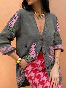 Sea Starshine 2025秋冬女装时尚休闲通勤草坪帽豹纹提花长袖圆领琥珀色纽扣毛衣开衫修身毛衣秋季女装乡村音乐会 - 灰色 - 查看 1