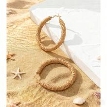 A Pair Bohemian Vacation Earrings, Raffia Wire-Wrapped Hoop Design For Gift Exchange Bold Unique Women Statement Earrings Beach Party Summer All Seasons - Màu Khaki - Xem 13