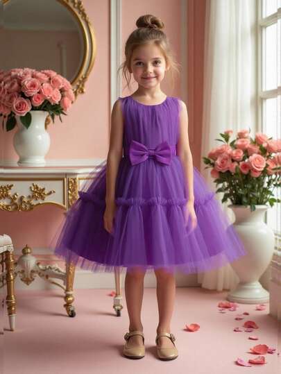 1pc Girl's Solid Color Bow Decor Tulle Puff Skirt Dress With Headband, Cute & Elegant
