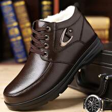 1 Pair Solid Color Business Polyester Comfortable Casual Thermal-Lined Formal Dress Shoes, Suitable For Office Wear In Winter - Brown - View 2