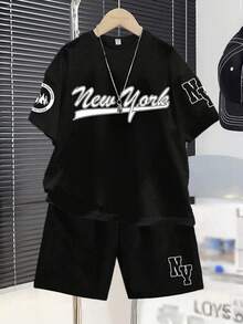 青少年男童字母印花圆领短袖T恤和短裤休闲套装 - 黑色 - 查看 1