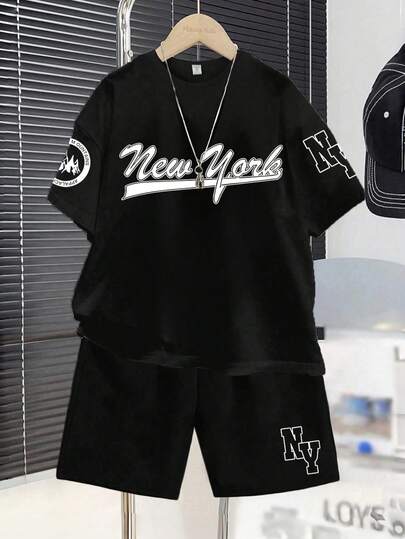 Tween Boy Letter Print Crew Neck Short Sleeve T-Shirt And Shorts Casual Set