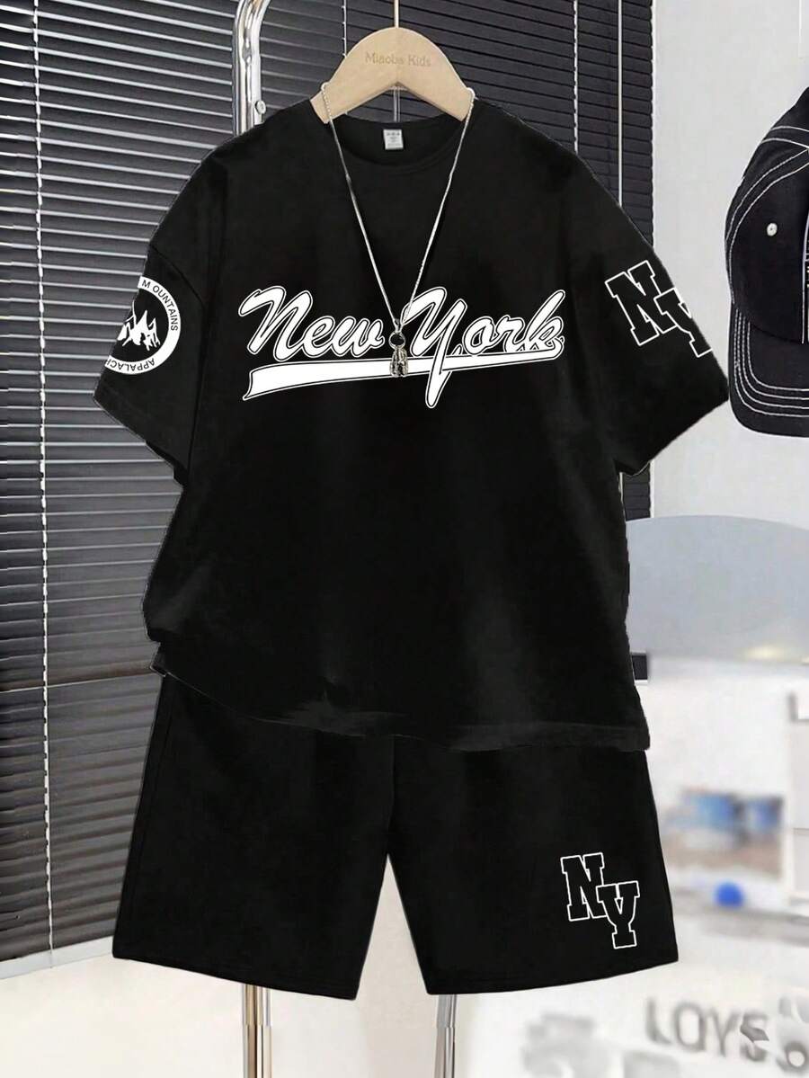 青少年男童字母印花圆领短袖T恤和短裤休闲套装 - 黑色 - 查看 1