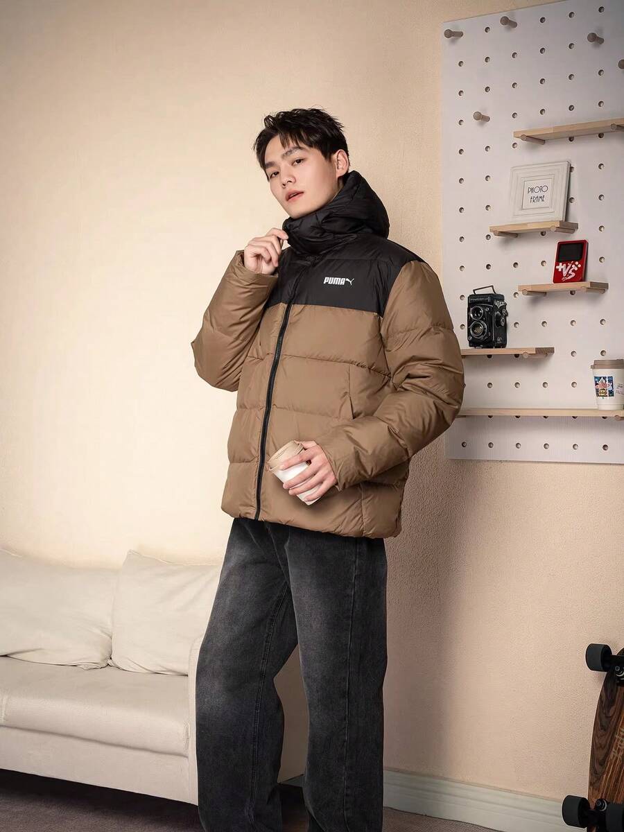 PUMA 男款保暖舒適鍊印花長袖連帽含羽絨外套694699-93 - 棕黑色 - 查看 1