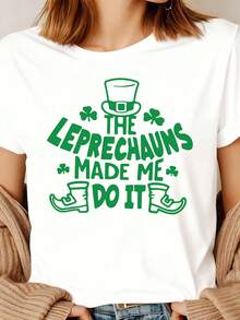 White T Shirt With Green Leprechaun Hat Clover And Boots Print The Leprechauns Made Me Do It St Patrick's Day Party Wear - trắng - Xem 1