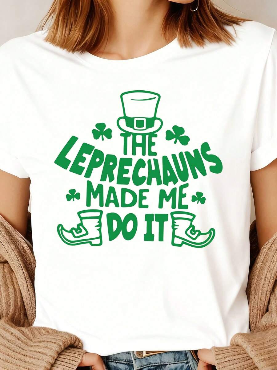 White T Shirt With Green Leprechaun Hat Clover And Boots Print The Leprechauns Made Me Do It St Patrick's Day Party Wear - trắng - Xem 1