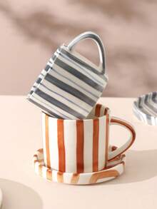 Zestaw 3 klasycznych ceramicznych filiżanek do kawy w paski, spodków i talerzyków, minimalistyczne kubki w stylu retro, skandynawskie, odpowiednie do latte, kawy, matchy, herbaty, kawy arabskiej, duża pojemność amerykańskiej filiżanki do kawy, świetny prezent dla przyjaciół i rodziny - Wielokolorowe - Zobacz 9