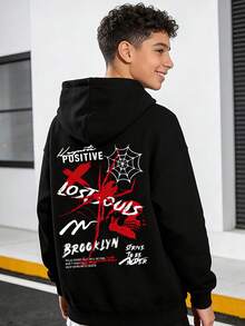 Teen Boys Fashion All-Match Gothic Spider Street Style Y2K Printing Comfortable Warm Hoodie
