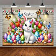2D Flat, 1pc Easter Bunny Backdrop With Floral Tulips, Pastel Eggs, Butterflies - Rustic Easter Decor For Parties, Photo Booths, Home - No Electricity Required - 1PCS - View 2
