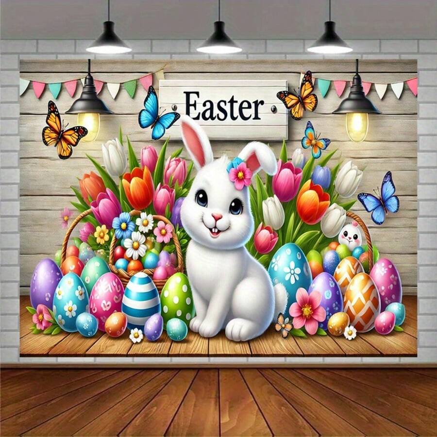 2D Flat, 1pc Easter Bunny Backdrop With Floral Tulips, Pastel Eggs, Butterflies - Rustic Easter Decor For Parties, Photo Booths, Home - No Electricity Required