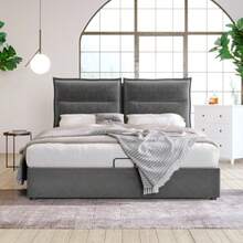 Hydraulic Double Bed With Upholstery, 140x200cm, Adjustable Headboard, Metal Slatted Base, Velvet, Modern Bed Frame With Storage Space, Large Storage Area, Grey (With Mattress) - Grey - View 1