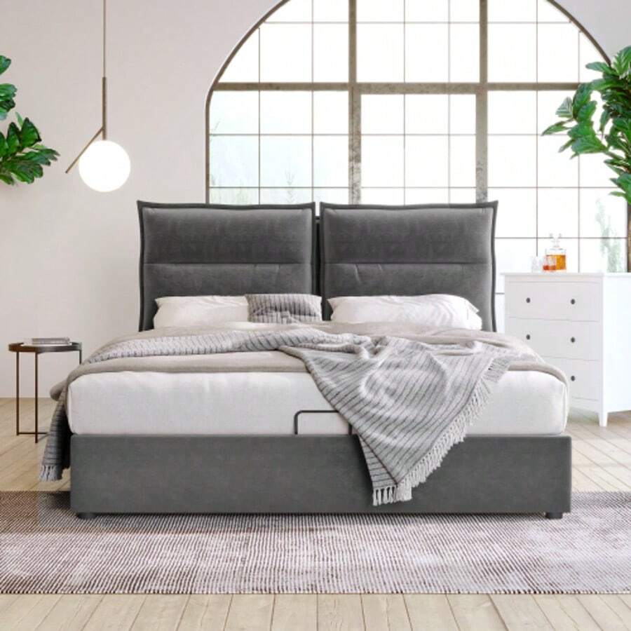 Hydraulic Double Bed With Upholstery, 140x200cm, Adjustable Headboard, Metal Slatted Base, Velvet, Modern Bed Frame With Storage Space, Large Storage Area, Grey (With Mattress) - Grey - View 1