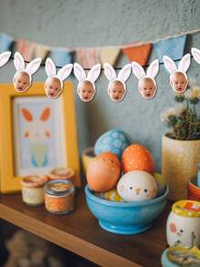 7/14/21件套定制个性化兔耳朵脸部照片三角旗横幅 - 可定制您自己的照片 - 兔子主题复活节派对装饰，适合生日、周年纪念日、复活节派对 - 可印制您照片的纸质花环 - 粉紅白色 - 查看 9