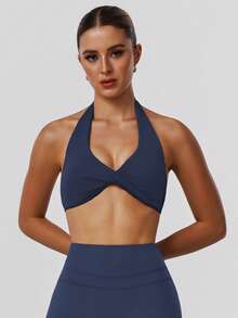 Sodalemon Women's Twist Back Workout Top, V-Neck Padded Solid Color Yoga Casual Sports Bra Spring - 藏蓝色 - 查看 4