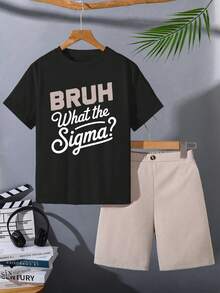 2 Stücke/Set Kleine Jungen Slogan Muster Rundhals Kurzarm T-Shirt und Shorts Lässig Outfit - Schwarz - Übersicht 1