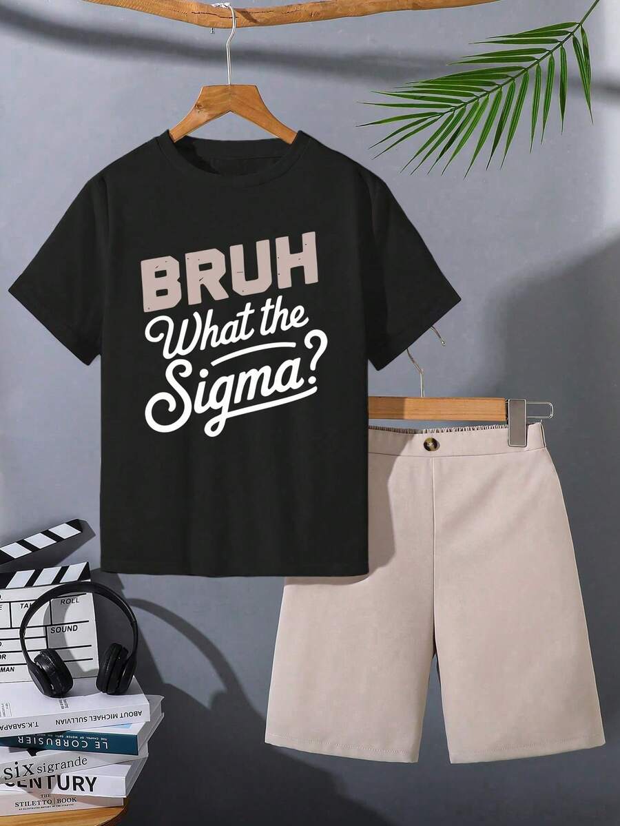 2 Stücke/Set Kleine Jungen Slogan Muster Rundhals Kurzarm T-Shirt und Shorts Lässig Outfit - Schwarz - Übersicht 1
