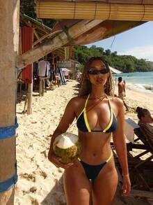 Women's Black & Yellow Color Block Bikini 2 Pieces Set, Elegant Swimwear Outfit, Suitable For Beach Vacation, Party, Halloween - Multicolor - View 1