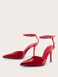 Sexy Buckle Criss-Cross Strap Party Minimalist Chic Commute Sexy Buckle Party Banquet Red Patent Leather Strap Stiletto High Heels - Red - View 3