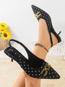 2026新款尖头凉鞋，黑白波点金属扣尖头高跟鞋，细高跟女鞋，时尚通勤鞋 - 黑色 - 查看 2