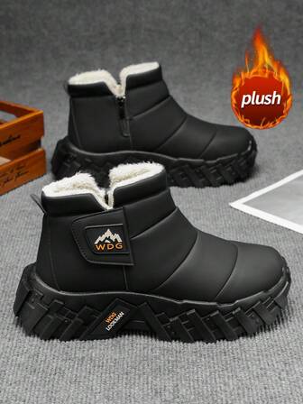 Herrsnökängor, nya vinterplyschiga, tjocka, höga, casual ankelstövlar, köldtåliga utomhusstövlar, moderiktiga, enfärgade, exklusiva, fuzzy designade vinterstövlar för män