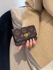 新款女士棕色短款PU皮钱包，随机印花图案，经典复古时尚扭扣短款零钱包，多功能简约手拿包，女士迷你钱包，小钱包，可爱钱包，旅行必备证件夹，身份证夹 - 棕色 - 查看 6