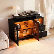 Elegant Black LED Sideboard With Oval Glass Doors And A High-Gloss Front: Combines Modern Design With Practical Storage Space. Ideal As A Display Cabinet, Sideboard, Or Minibar For Stylish Spaces. - Black - View 4