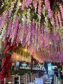 50支人造丝紫藤吊饰，粉色紫藤花藤，适用于婚礼、派对、家居装饰，绿色墙面花园天花板花卉装饰，1.64英尺仿真花环，丝绸紫藤花圈，婚礼仪式悬挂装饰，适合派对、生日、家庭聚会、情人节礼物、派对花园家居桌面背景，人造植物，仿真花 - 彩色 - 查看 3