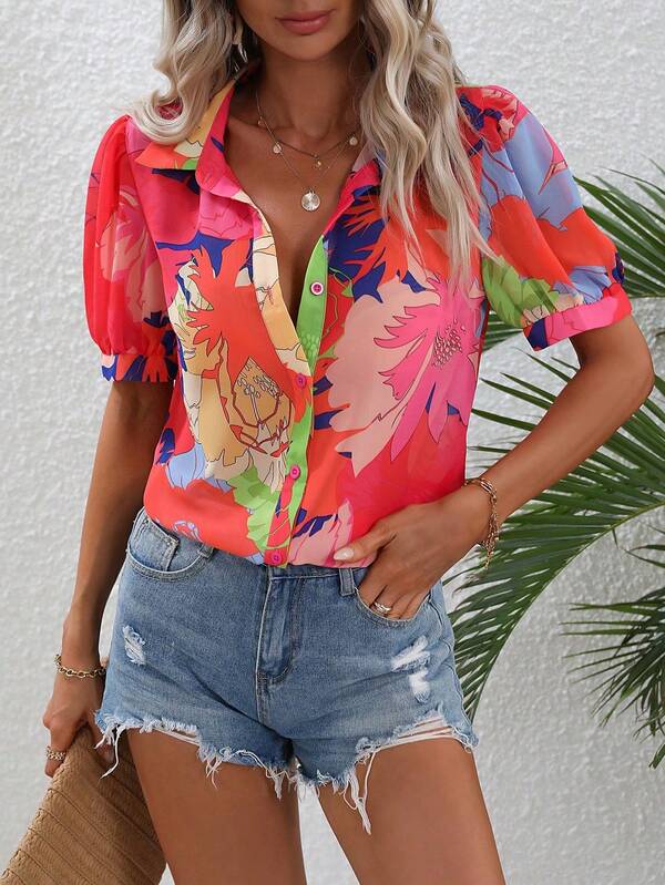 MURAMASA Blusa casual suelta con mangas abullonadas y estampado floral para mujer, blusa de manga corta para vacaciones