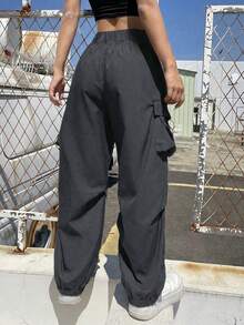 1pc Teen Girls' Loose Flap Pockets Side Drawstring Outdoor Cargo Pants, Suitable For Spring, Summer, Autumn And Winter - Grey - View 3