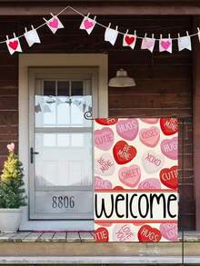 1 pieza Bandera de bienvenida rosa para el Día de San Valentín, de 12*18 pulgadas con diseño de corazón de color caramelo, de material de lino de doble cara, durable, resistente al agua y lavable, adecuada para el Día de San Valentín, aniversarios, decoración rústica para exteriores, decoración del Día de San Valentín, fiesta del Día de San Valentín, regalo del Día de San Valentín, fiestas, bodas y otras decoraciones festivas (asta de bandera no incluida) - Multicolor - Ver 2