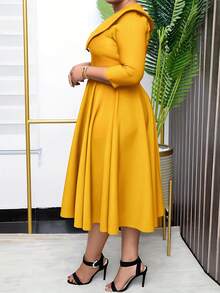 Women's Mid-Length Straight Dress, Peter Pan Collar Design, Fitted Top & Loose Bottom, Metal Flower Belt Decor, Casual Solid Color, Button Front, Comfortable For Work, Daily Wear, Elegant, Casual, Spring/Autumn/Winter - Ginger - View 3