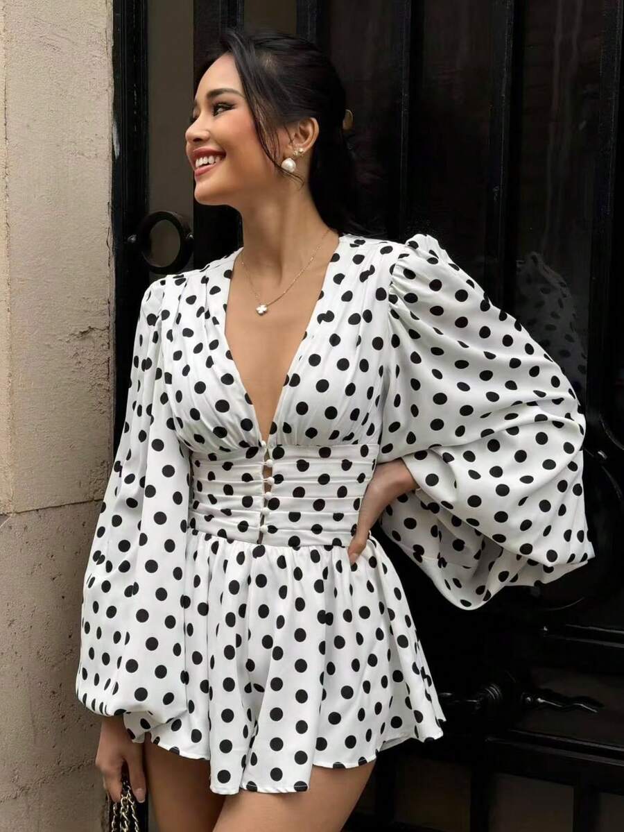 Đầm dự tiệc dài tay chấm bi thanh lịch mới dành cho nữ, đầm tay phồng in chấm bi trắng có cúc và khóa kéo, thích hợp cho kỳ nghỉ xuân. - trắng - Xem 1