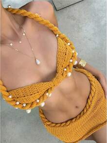 Yuwenier Sexy Bohemian Style Twisted Beaded Crochet Spaghetti Strap Bikini Top And Drawstring Low Waist Knit Mini Skirt, 2-Piece Beach Vacation Outfit For Women - Yellow - View 1