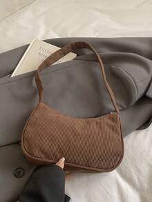 1pc Solid Color Corduroy Zipper Shoulder Bag, Perfect Accessory For Women's Autumn Outfits, Ideal For Valentine's Day - Mocha Brown - View 4