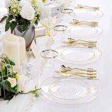 Zerulis 175pcs Clear Gold Plastic Plates, Fancy Plastic Dinnerware Set, Hammered Party Plates, Elegant Tableware Set Includes 25 Dinner Plate, 25 Dessert Plate, 25 Cups, 25 Napkins Perfect For Wedding & Party - 金色 - 查看 7
