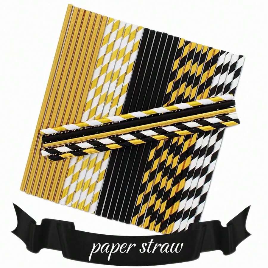 6*197mm Black & Gold Disposable Paper Straws, Suitable For Party Decorations, Graduation Ceremonies, Bachelor Parties, Weddings, Christmas, New Year's Eve Parties And Other Occasions - Multicolor - View 1