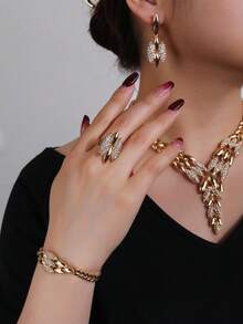 5件套沙特国庆节奢华夸张金色水钻镶嵌树叶设计项链、耳环、戒指、手链套装，适合女士婚礼派对佩戴 - 金黃色-6 - 查看 6