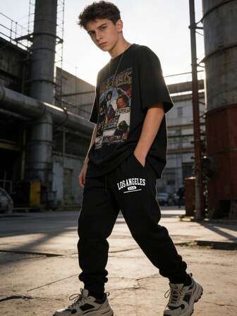 Pantalones jogger con cordón en la cintura, estampado de lema, bolsillos y bajo con puño para adolescentes varones, de tela de felpa, estilo rave, emo, años 2000