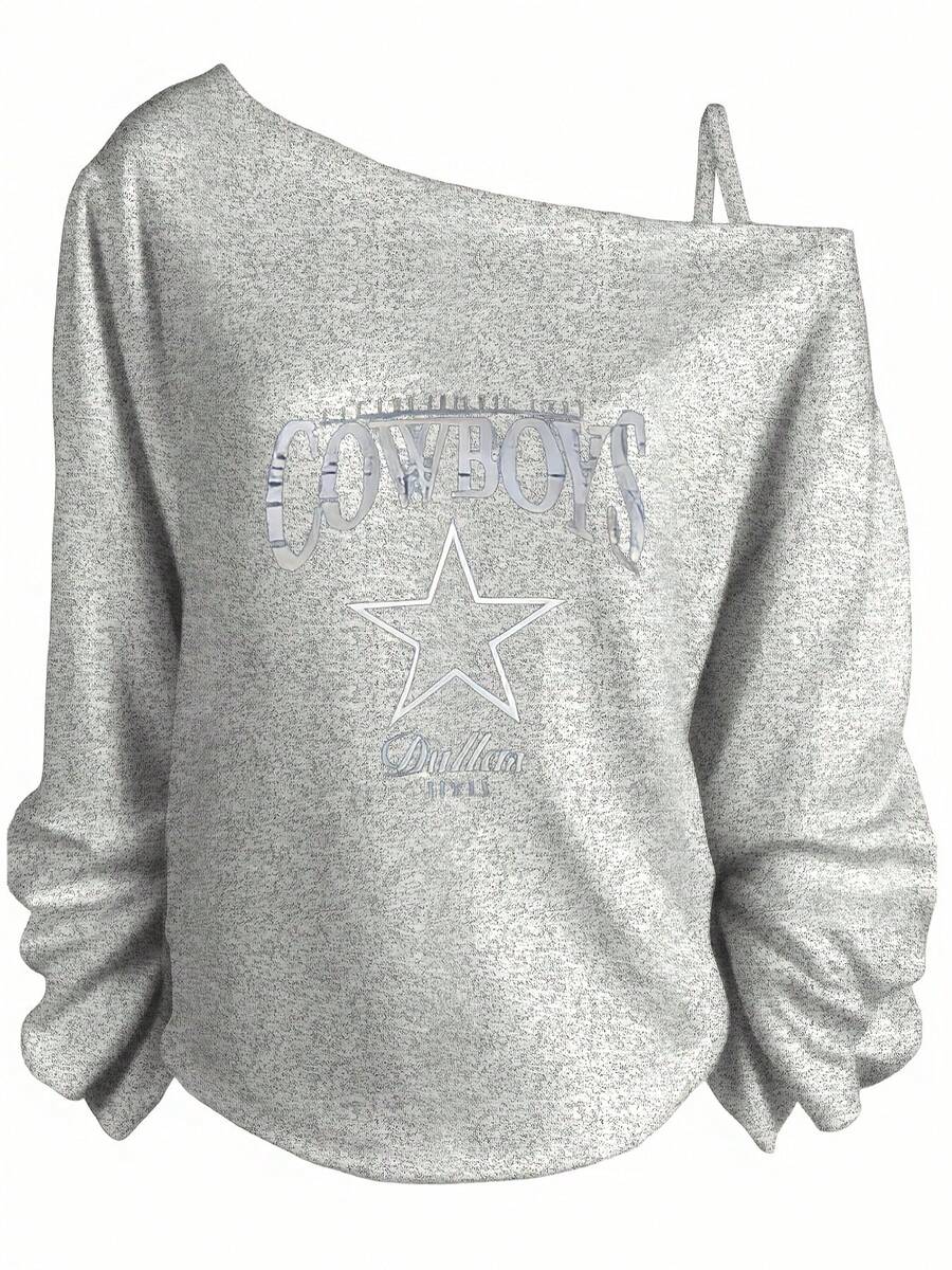 Black Off - The - Shoulder Long - Sleeve Top With Cowboys Graphic, White Star & Dallas 1975 Print, Casual Gathered Cuffs T - Shirt For Fans- Winter Clothes For Women,New Years Outfit Women,Christmas Outfit - Women's Winter Outfits: Elegant Conjunto De Mujeres + Flowy Top, Blusas & Top Negro - Xám - Xem 1