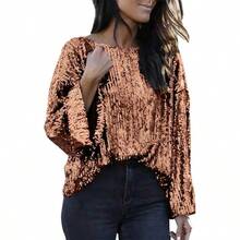 Top de lentejuelas con cuello redondo para mujer, blusa de manga larga brillante, traje de para concierto para noches de club - Dorado + M - Ver 1