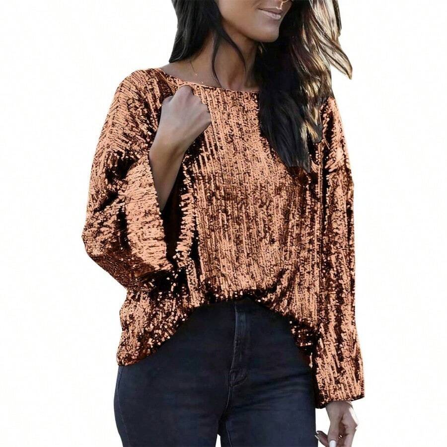 Top de lentejuelas con cuello redondo para mujer, blusa de manga larga brillante, traje de para concierto para noches de club - Dorado + M - Ver 1