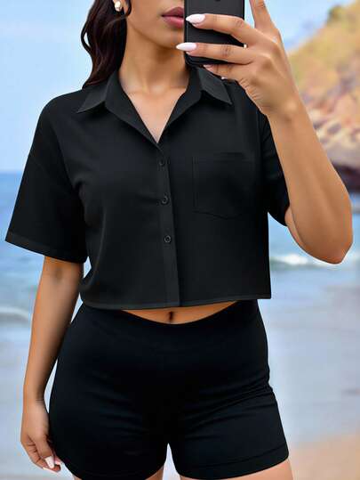 Women's Casual Black Short Sleeve Shirt, Comfortable Versatile Solid Color Button Front Cropped Top